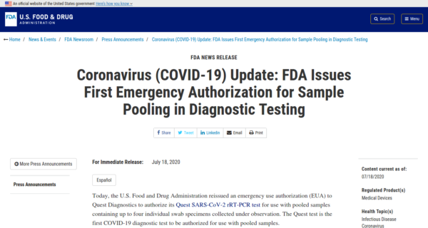 FDA pooles de muestras SARS-CoV-2